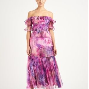 NWT Marchesa Notte Pleated Chiffon Off-Shoulder Gown Size 4